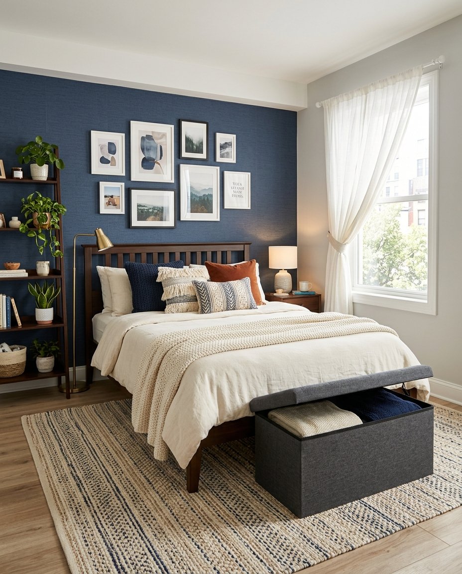 Small apartment bedroom ideas combining command strips, peel-and-stick wallpaper, ladder shelf, and storage ottoman for organized stylish space
