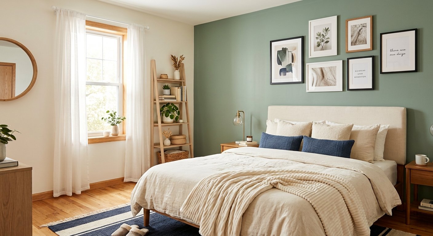 Apartment bedroom with sage wallpaper, gallery wall art, and layered throw blankets