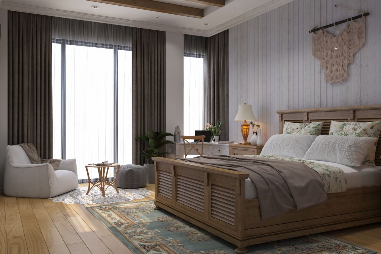 Charming rustic bedroom interior with wooden elements and natural light.