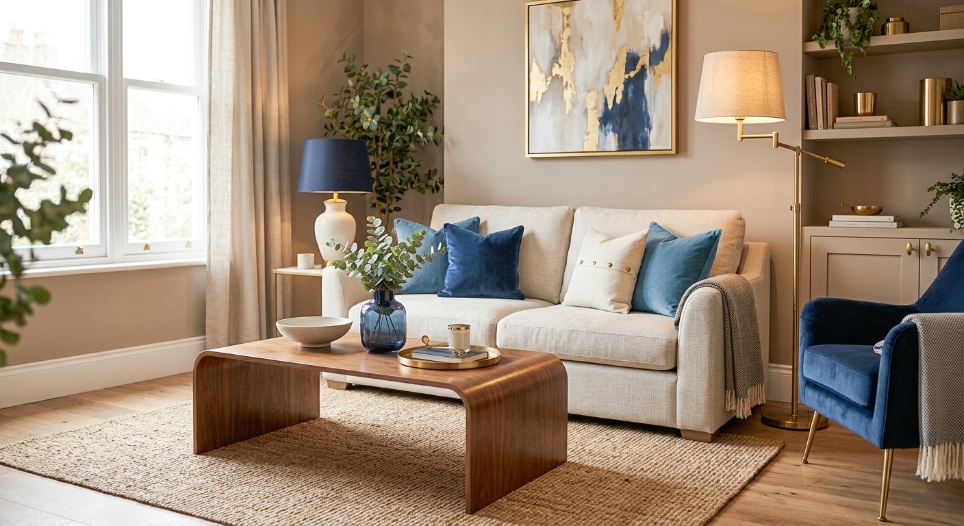 Warm neutral living room with layered lighting showing small living room luxury on a budget.