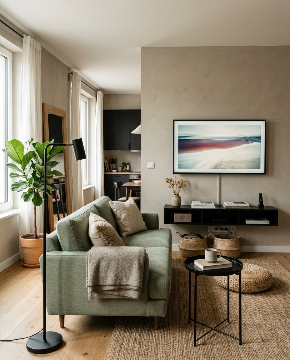 wall-mounted TV and floating shelf in a small studio living room