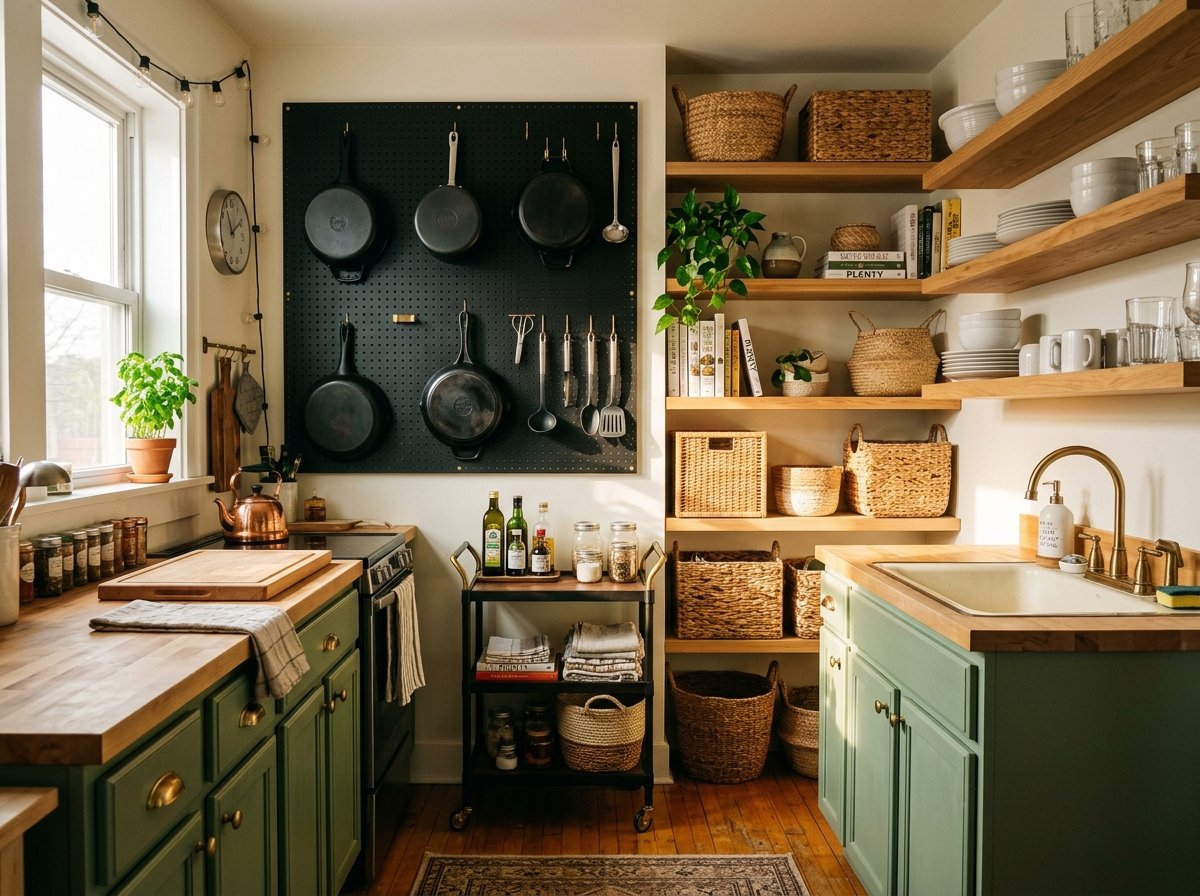 Complete small kitchen using layered storage solutions including wall pegboards, floating shelves, and rolling carts for organized space