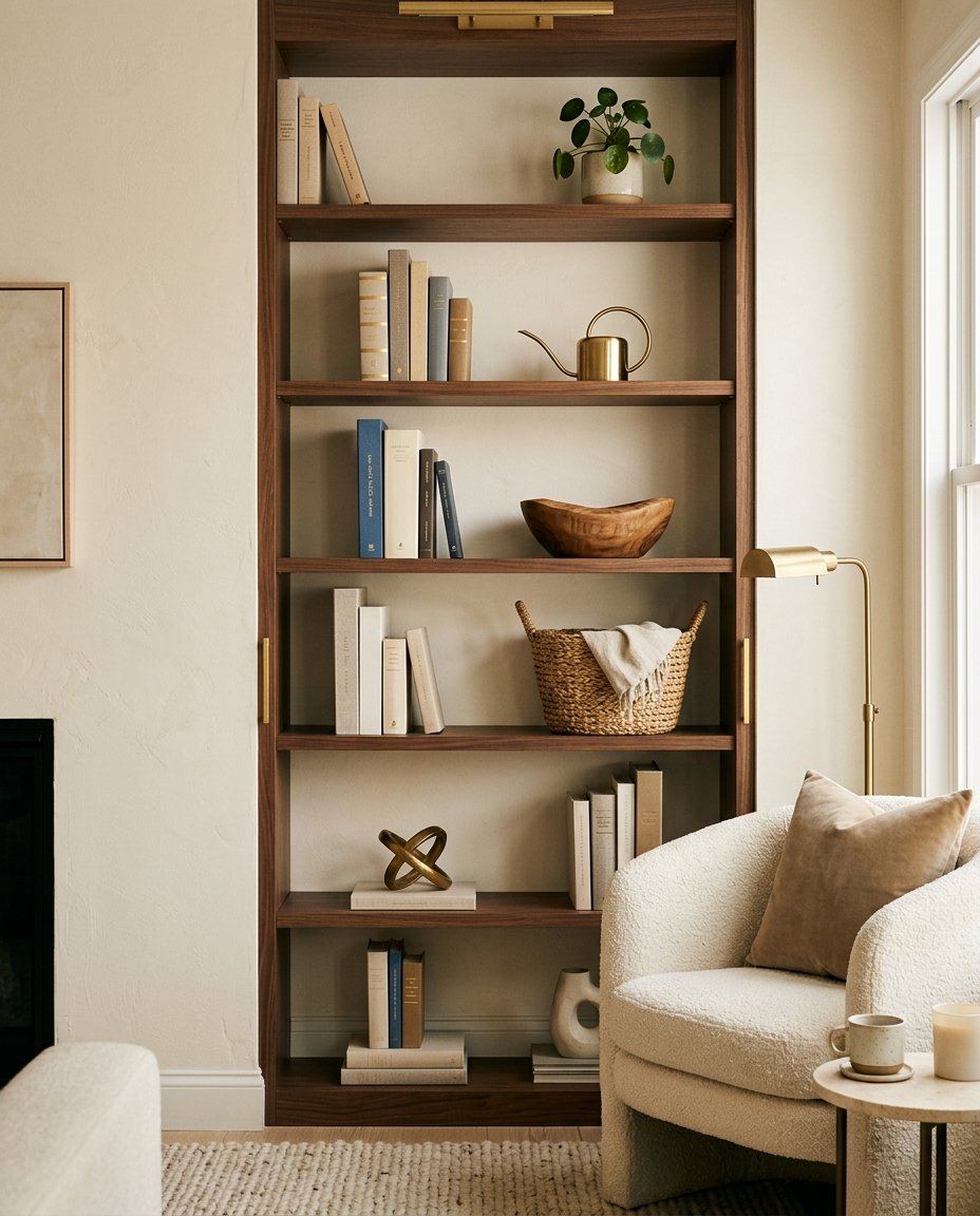 Bookshelf styled with grouped books, open space, and decorative accents.