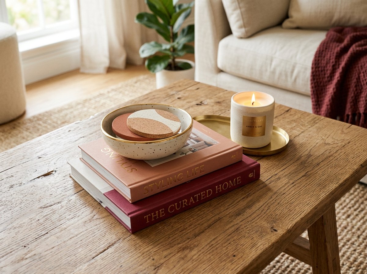 Coffee table styled with a book stack, ceramic bowl, and candle.
