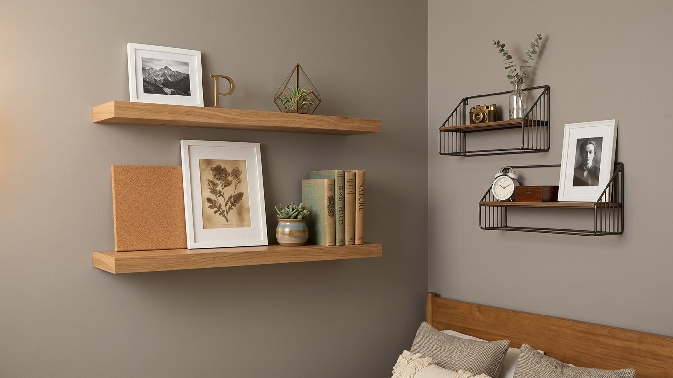 Floating wood shelves mounted above a desk, styled with books and a small plant
