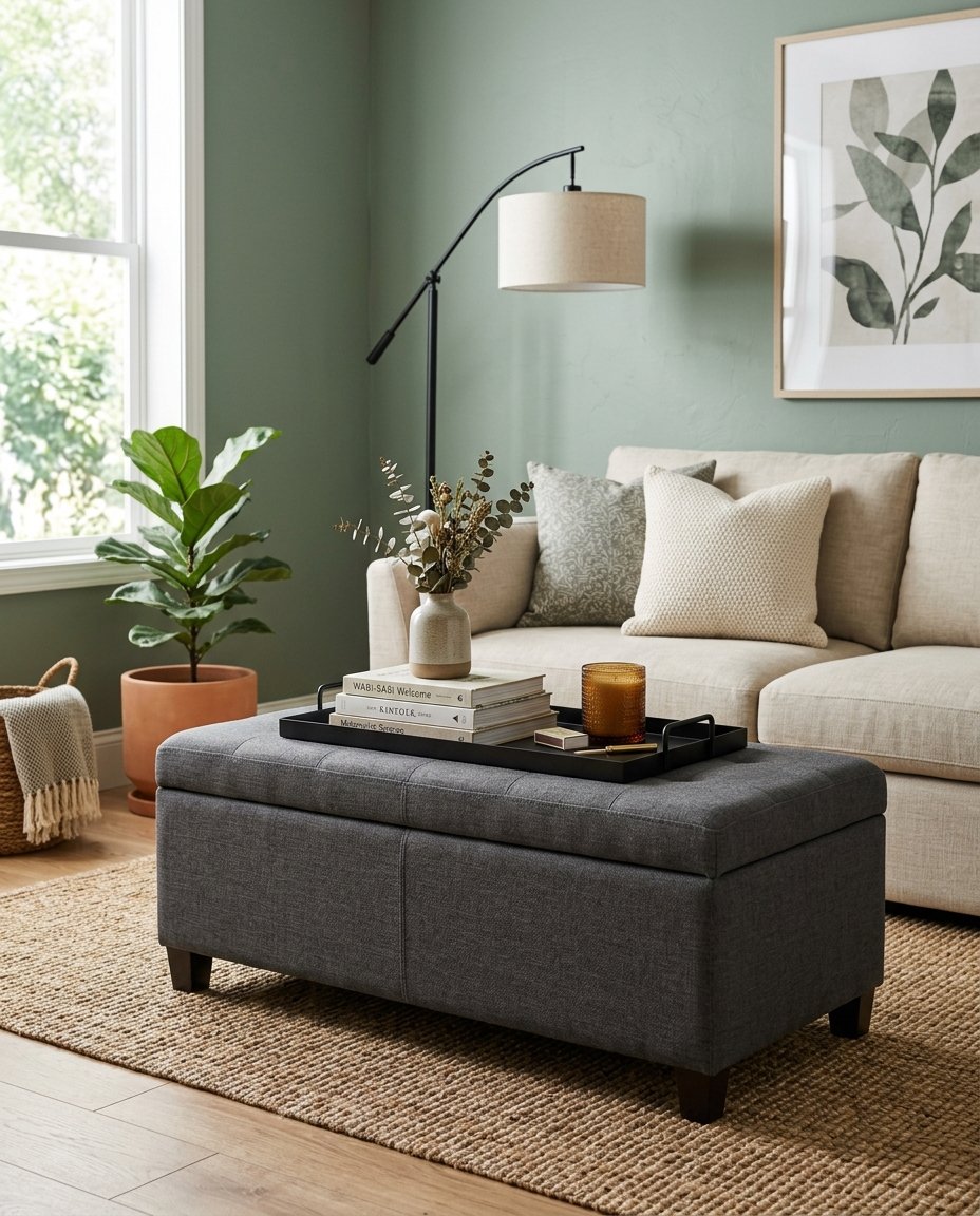 storage ottoman used as a coffee table in a small living room