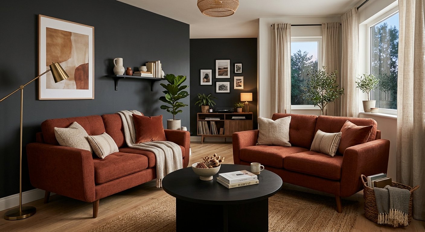 two matching loveseats facing each other in a small living room