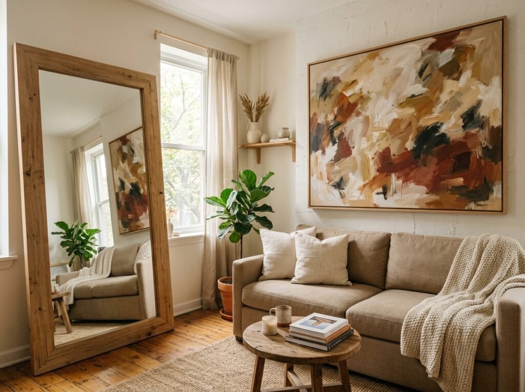 Oversized floor mirror and large art illustrating small living room luxury on a budget.