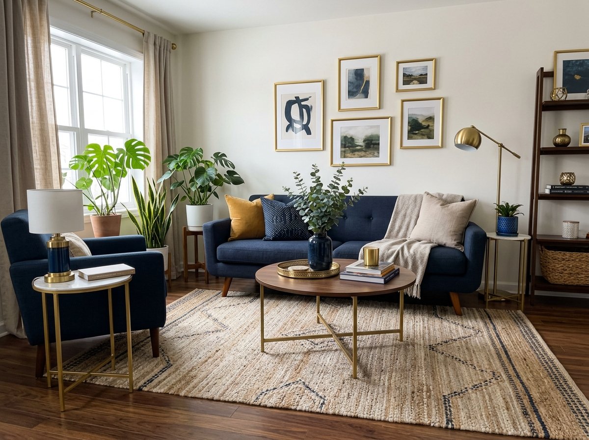 Sofa front legs resting on a properly sized textured area rug.