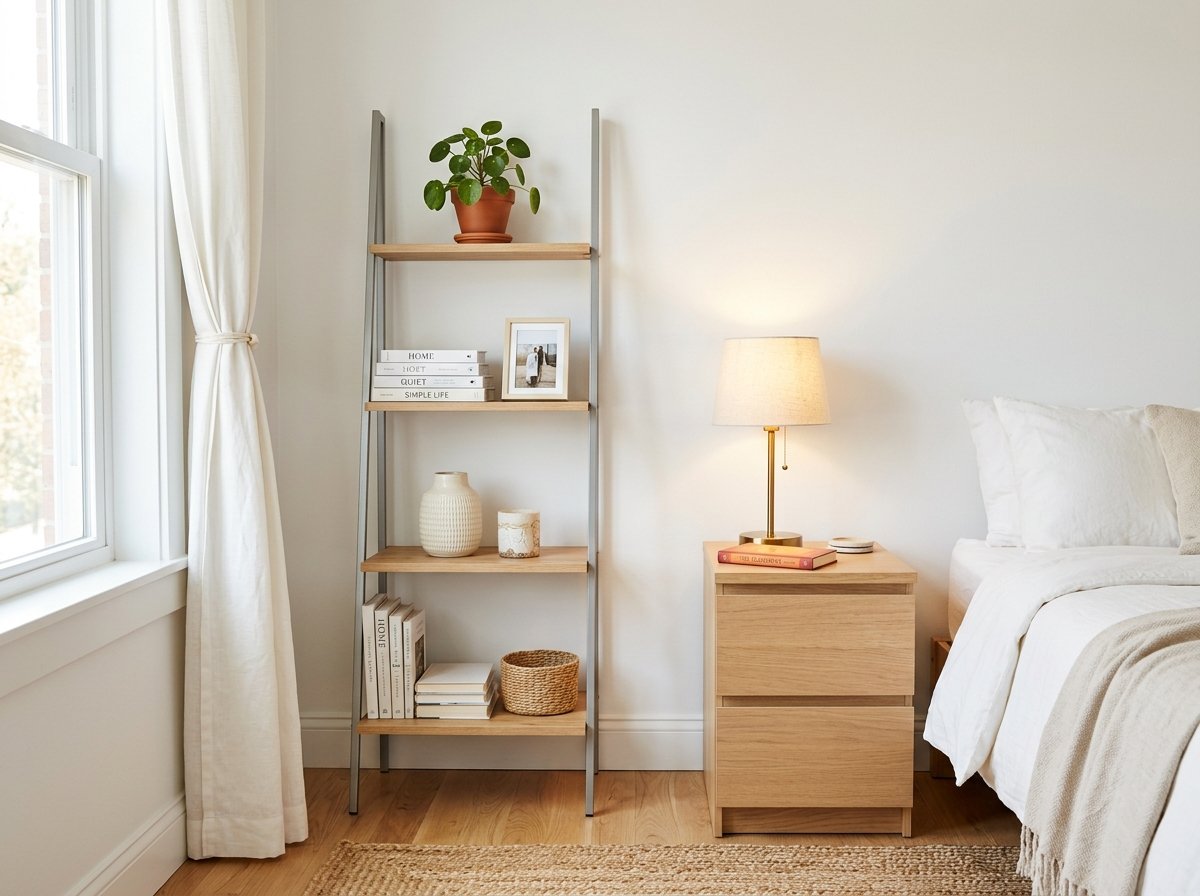 Freestanding ClosetMaid ladder shelf with books and plants beside flat-pack nightstand
