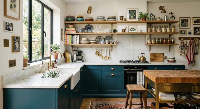 Before and after small kitchen storage organization showing clutter elimination and organized shelving with brass hardware