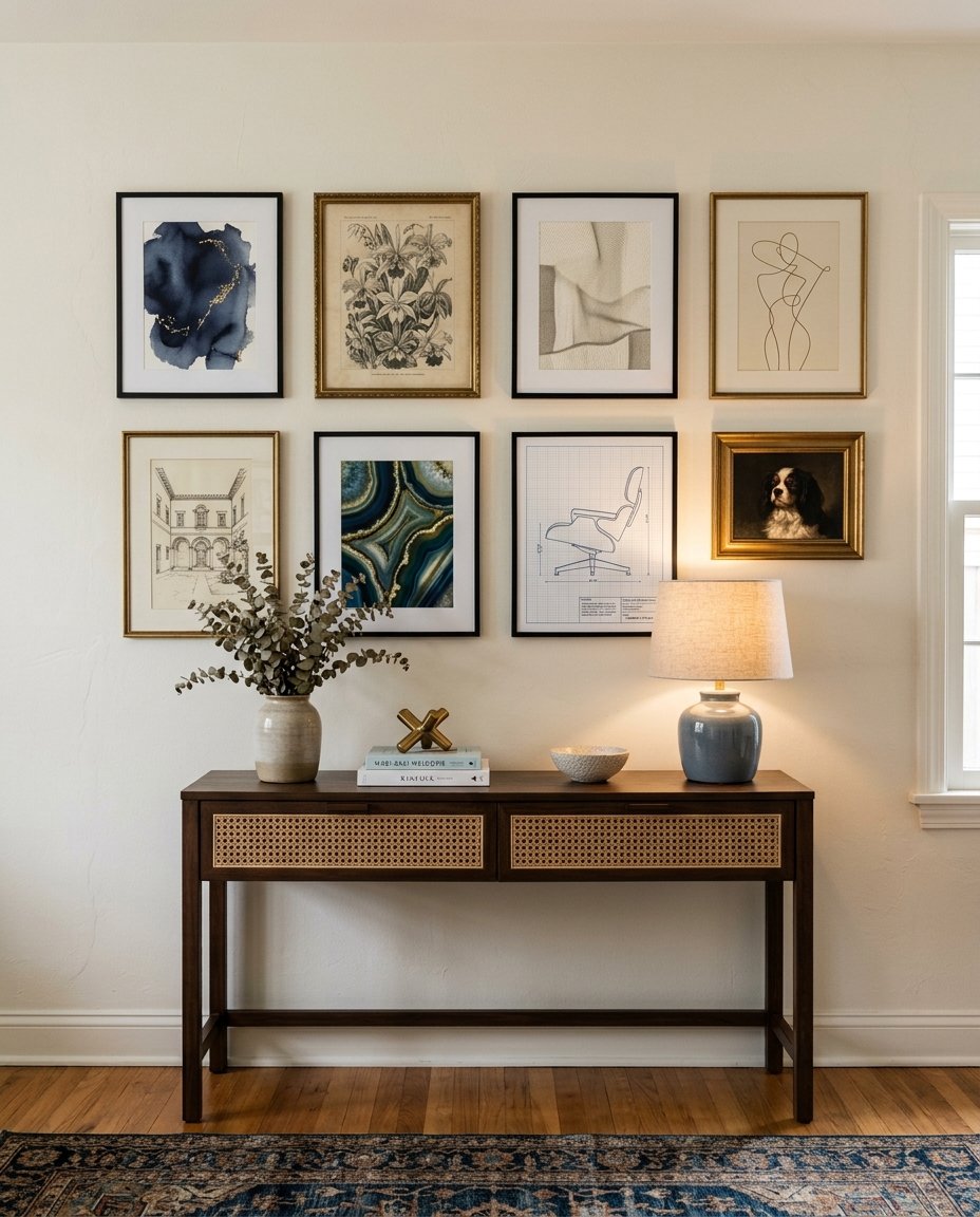 Evenly spaced artwork in matching brass frames above a console.
