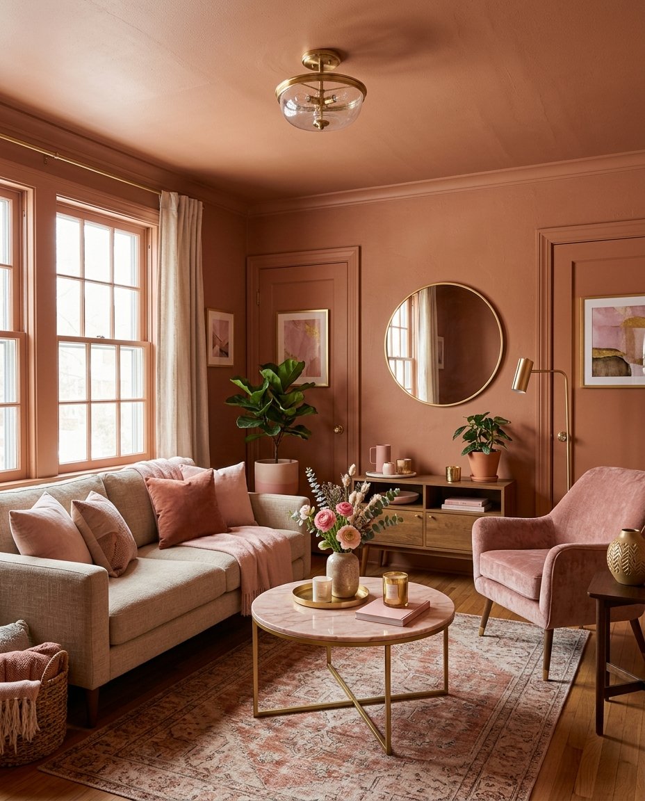 Terracotta color-drenched room with matching walls, trim, and ceiling.